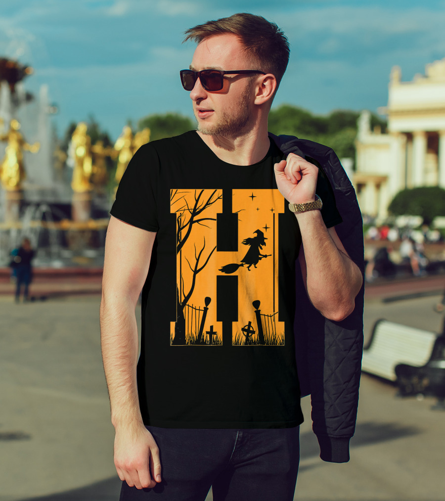 Letter H Halloween Witch Graveyard Scene T-Shirt