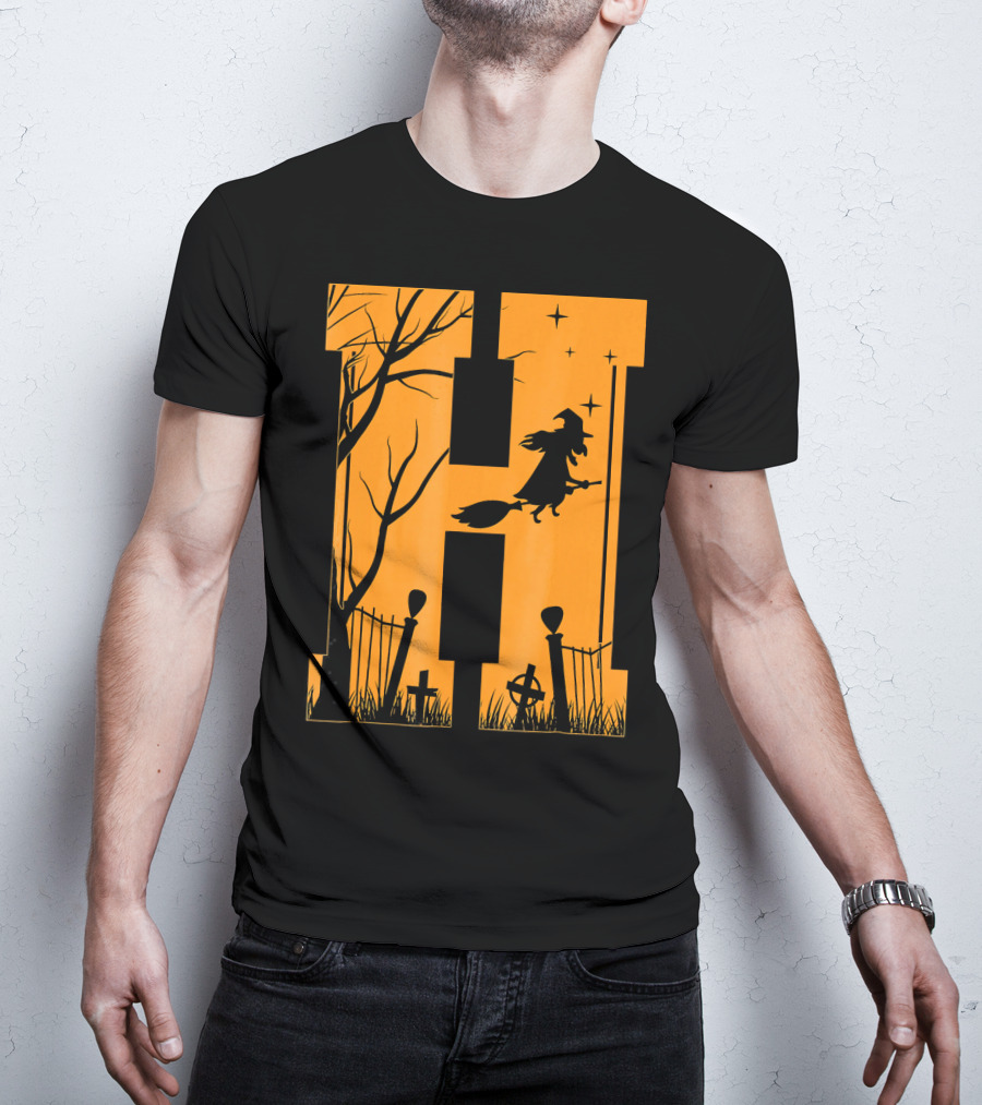 Letter H Halloween Witch Graveyard Scene T-Shirt