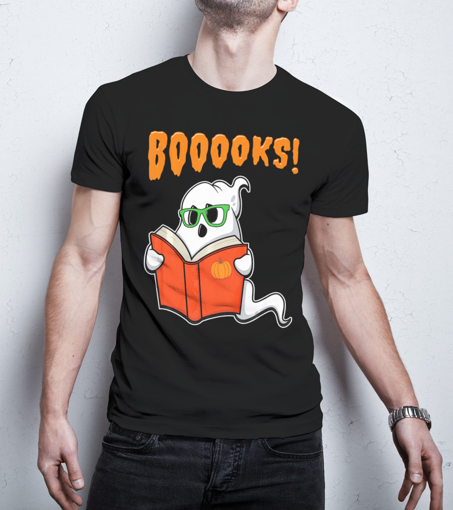 Booooks Ghost With Green Glasses And Pumpkin Book Funny Teacher Halloween T-Shirt
