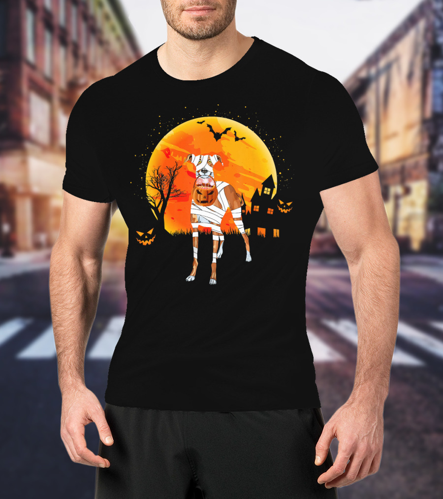 Greyhound Boo Halloween Dog Mummy With Pumpkin Against Full Moon And Haunted House T-Shirt