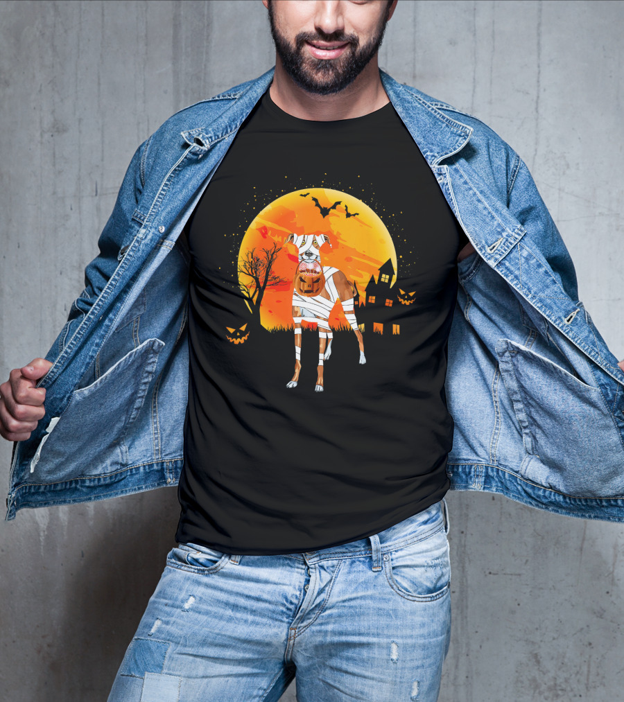 Greyhound Boo Halloween Dog Mummy With Pumpkin Against Full Moon And Haunted House T-Shirt