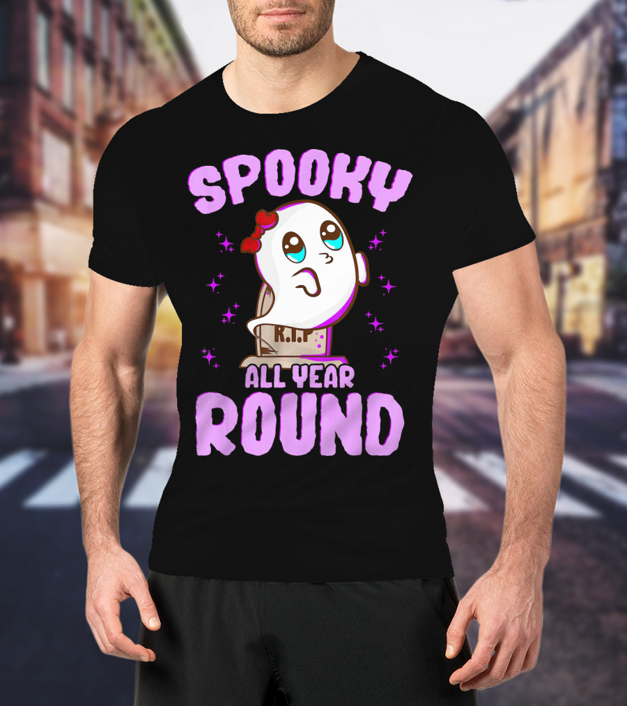 Spooky All Year Round Kawaii Ghost With Glittering Stars And Gravestone T-Shirt