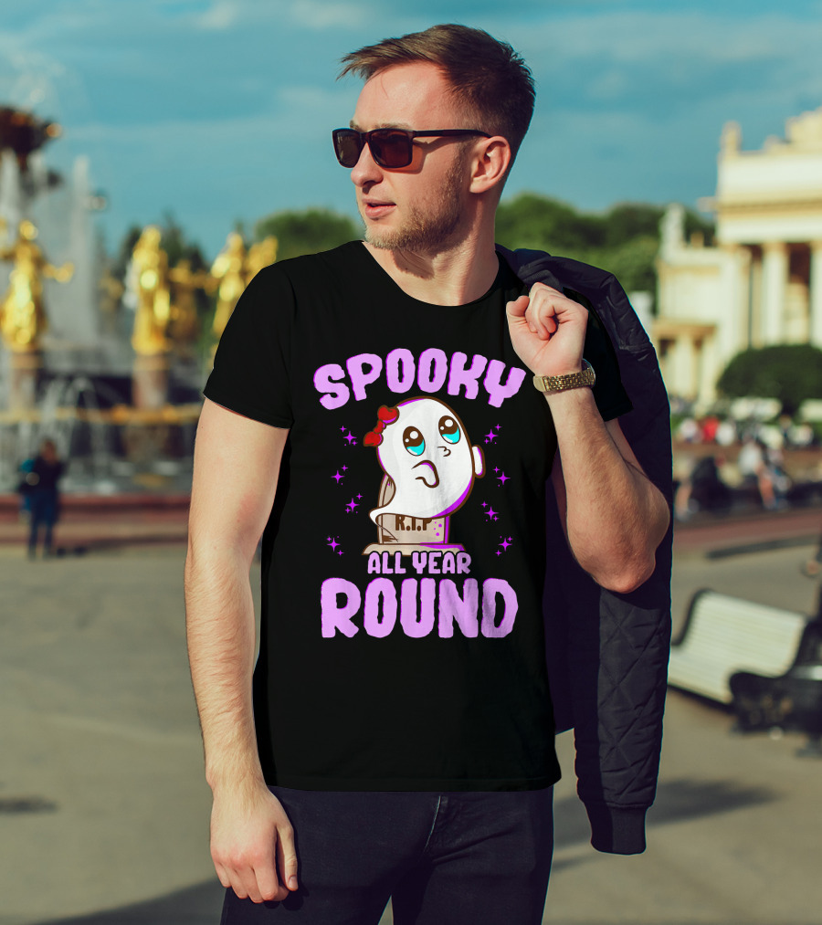 Spooky All Year Round Kawaii Ghost With Glittering Stars And Gravestone T-Shirt