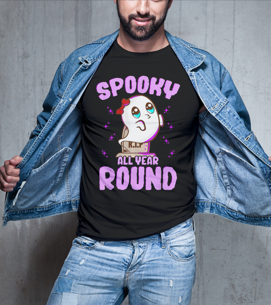Spooky All Year Round Kawaii Ghost With Glittering Stars And Gravestone T-Shirt