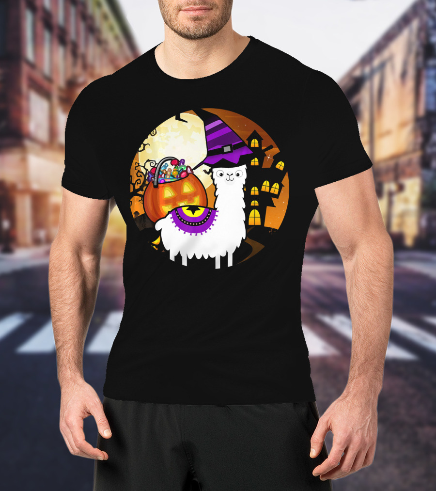 Halloween Llama Funny Alpaca With Witch Hat And Pumpkin House T-Shirt