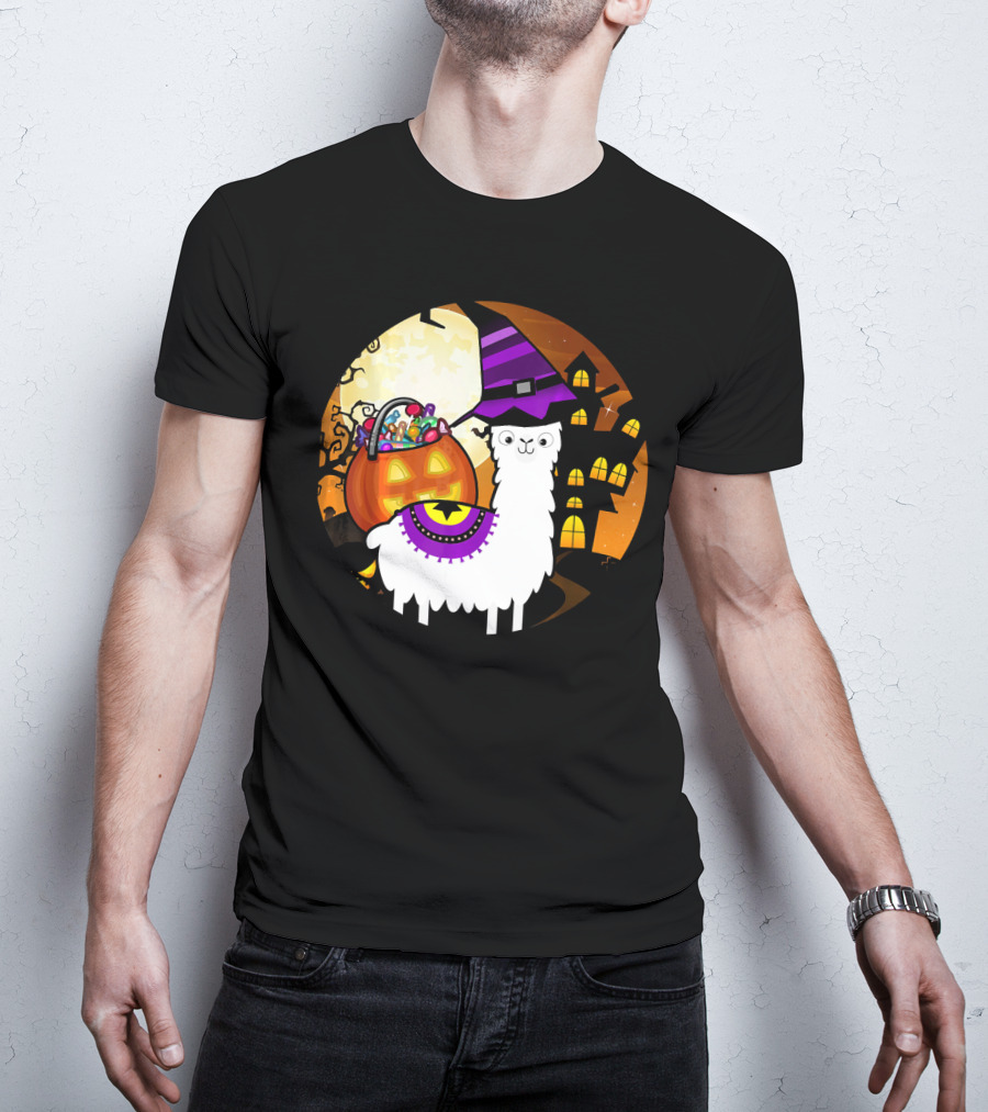 Halloween Llama Funny Alpaca With Witch Hat And Pumpkin House T-Shirt