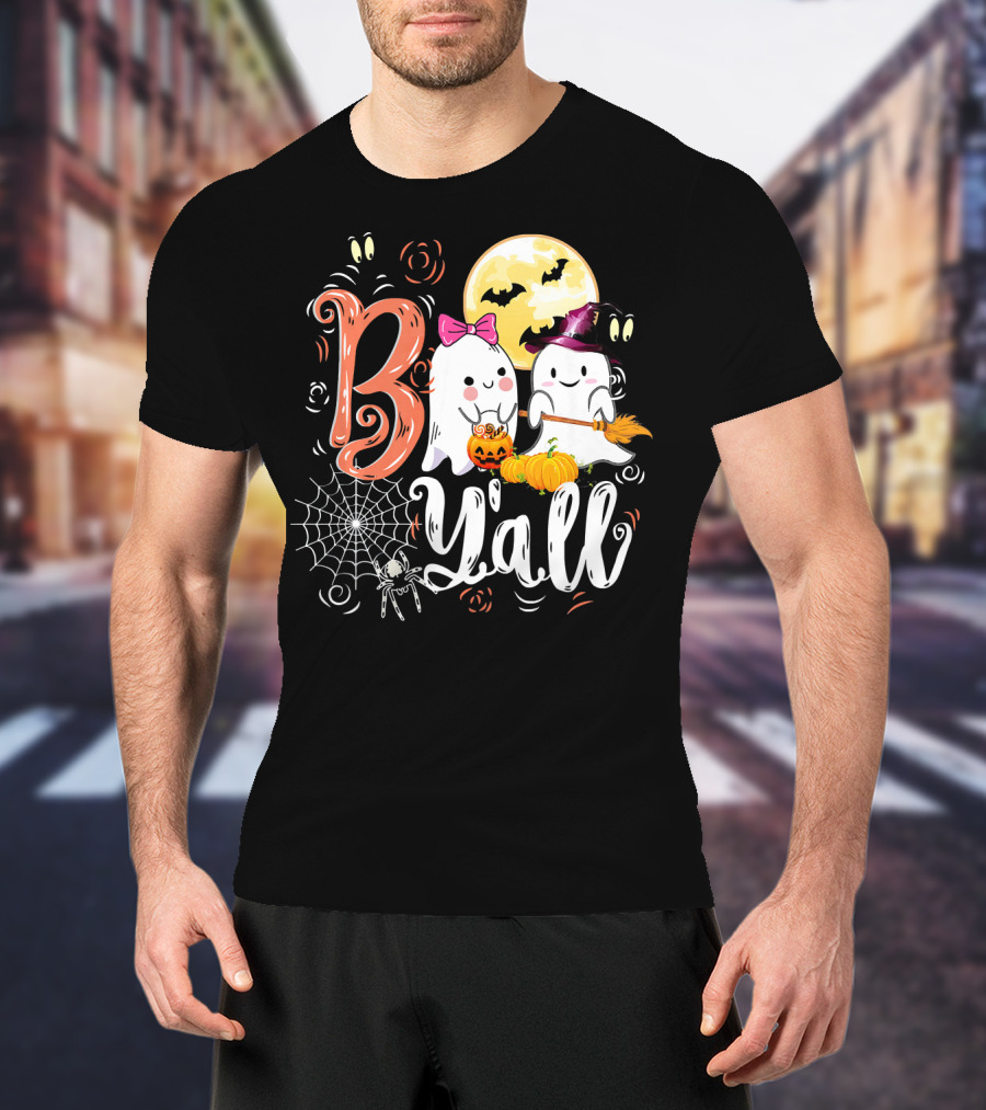 Boo Y’all Funny Ghosts With Pumpkin And Halloween Moon T-Shirt
