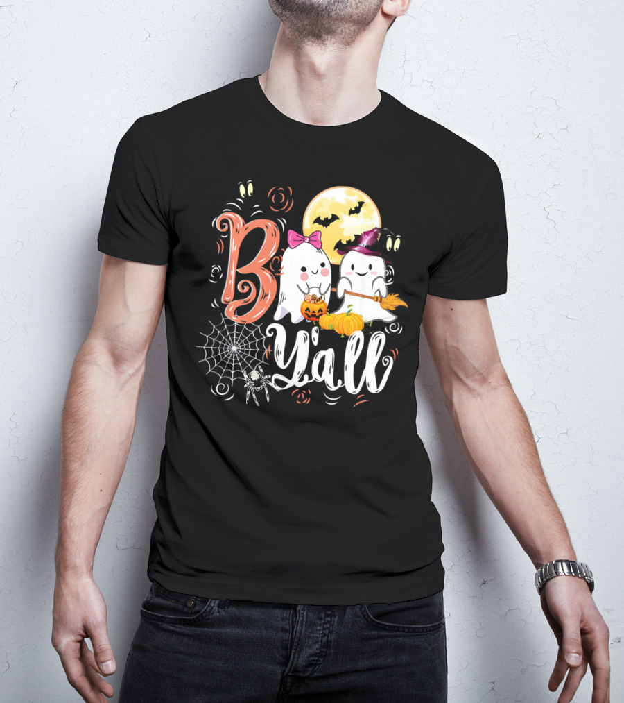Boo Y’all Funny Ghosts With Pumpkin And Halloween Moon T-Shirt