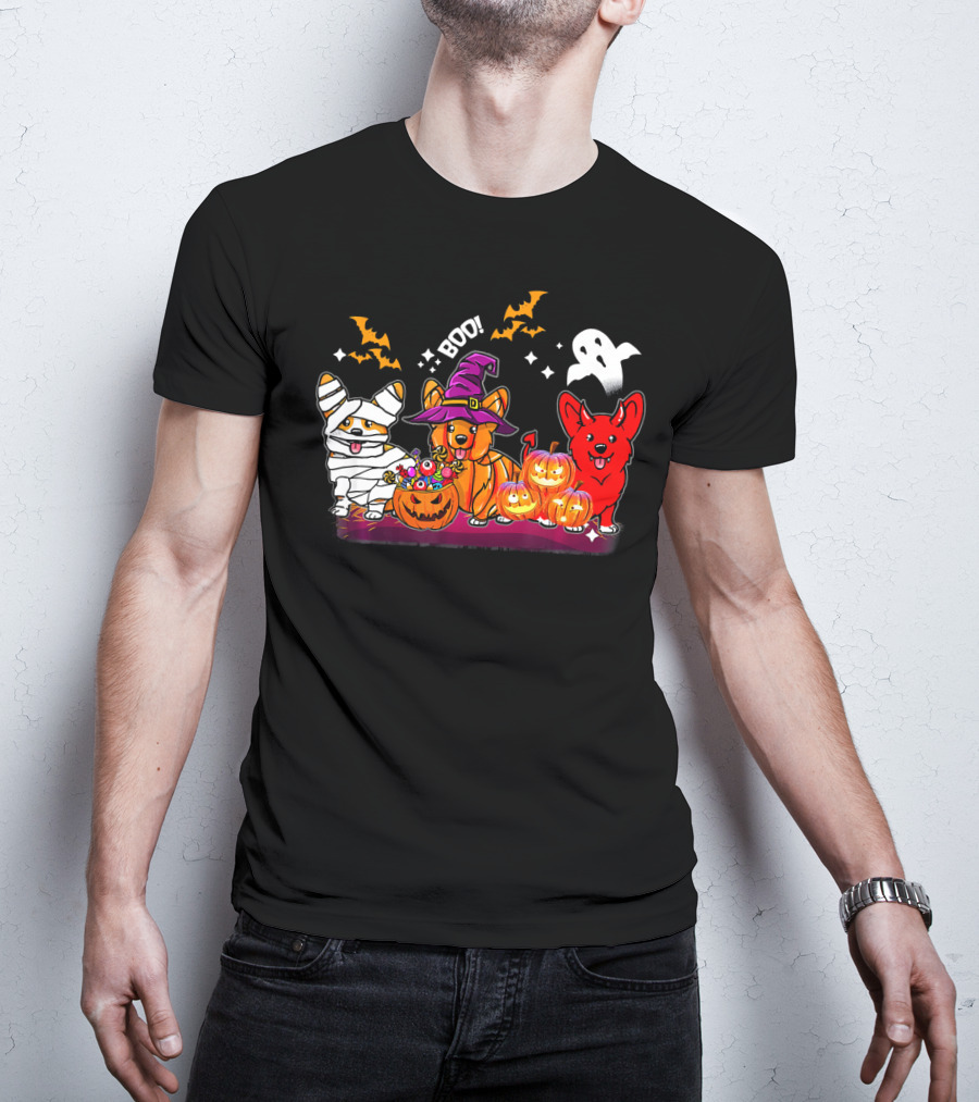 Halloween Three Corgis Witch Mummy Pumpkins Boo Ghost T-Shirt