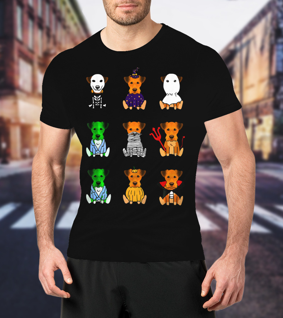Airedale Terrier Halloween Costumes Skeleton Witch Ghost Zombie Mummy Devil Pumpkin Dracula T-Shirt