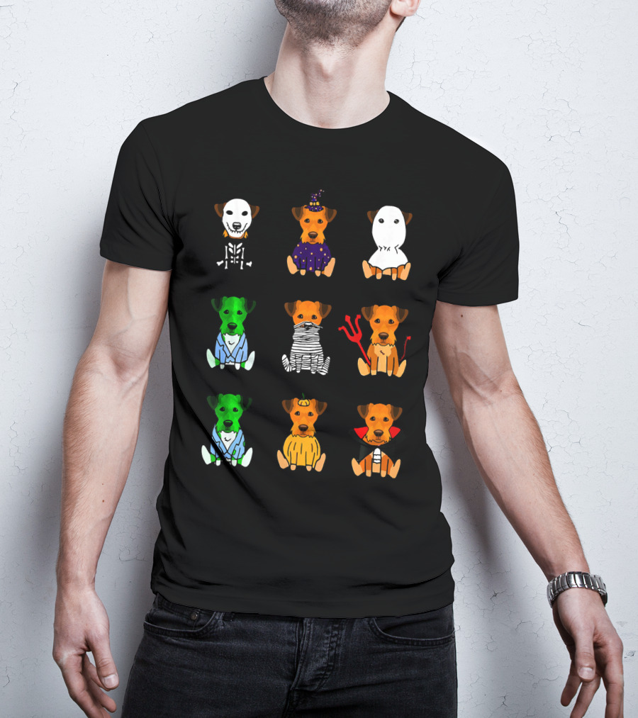 Airedale Terrier Halloween Costumes Skeleton Witch Ghost Zombie Mummy Devil Pumpkin Dracula T-Shirt