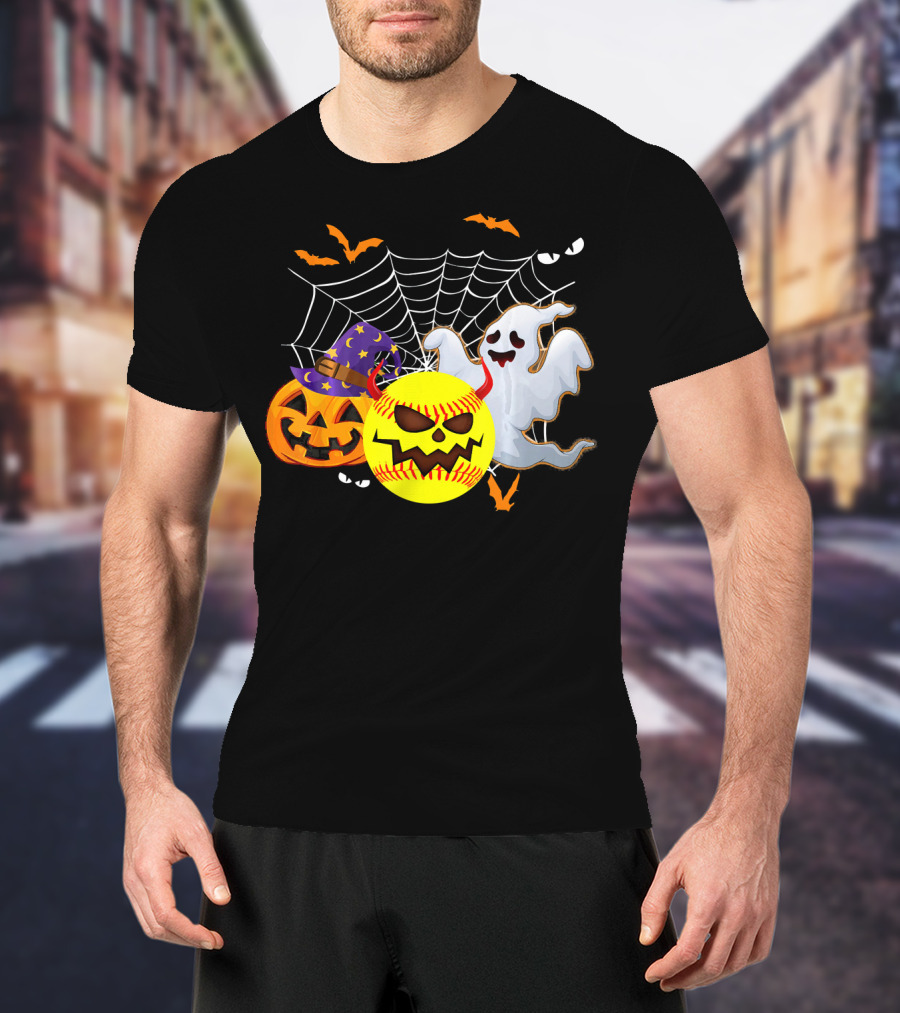 Halloween Softball Pumpkin Ghost Cobwebs And Bats Fun T-Shirt