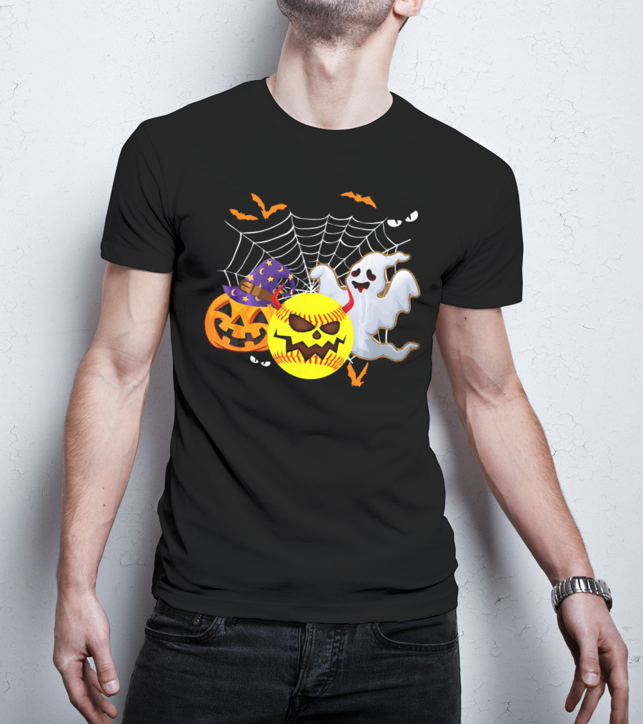 Halloween Softball Pumpkin Ghost Cobwebs And Bats Fun T-Shirt