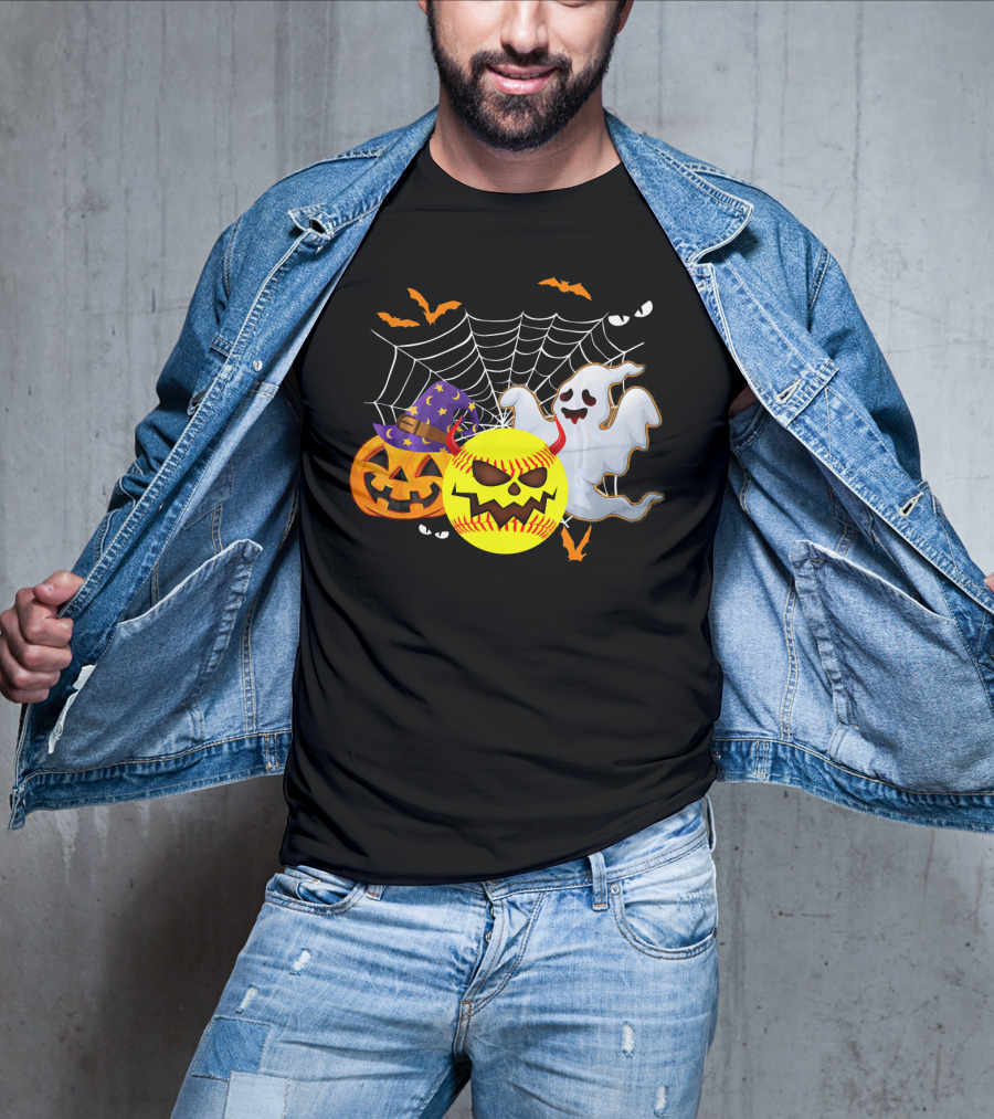 Halloween Softball Pumpkin Ghost Cobwebs And Bats Fun T-Shirt