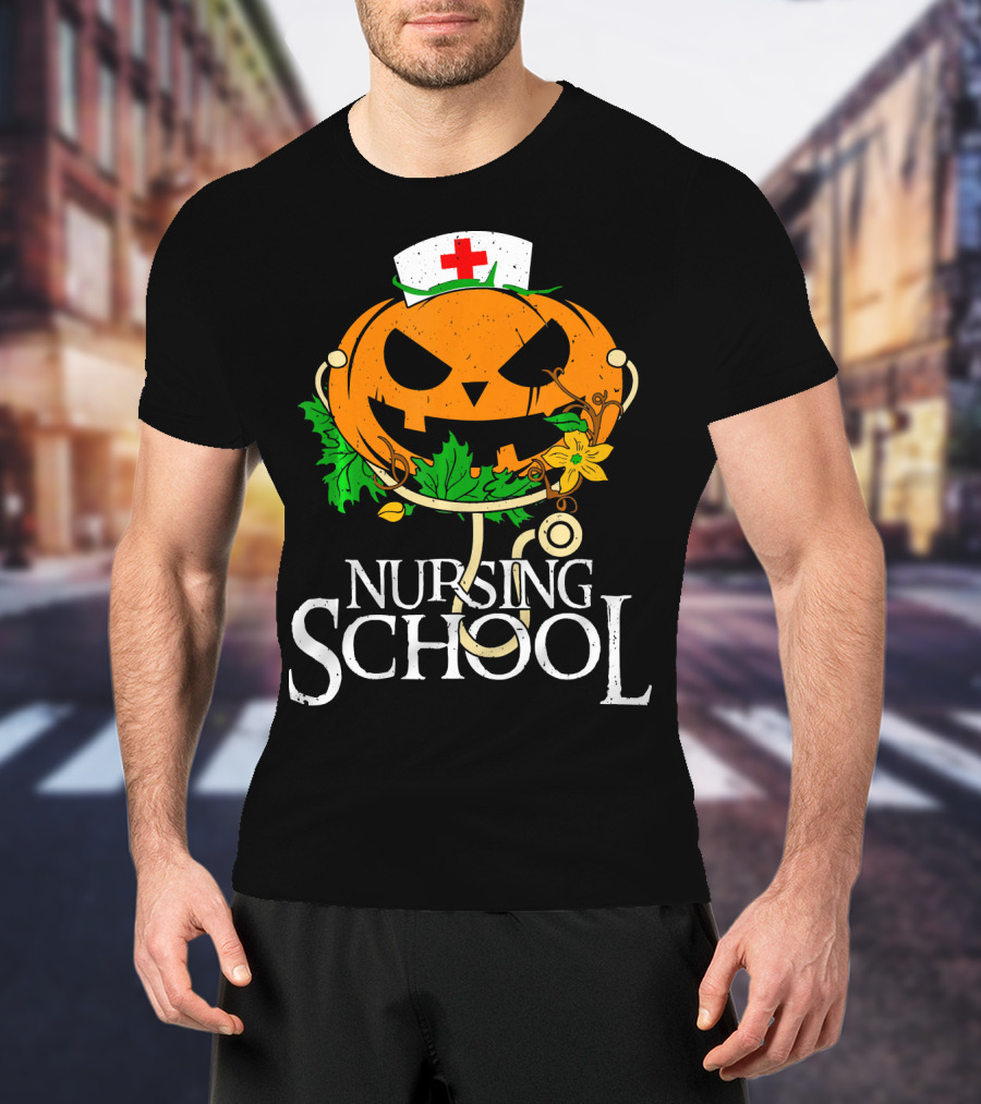 Nursing School Pumpkin With Stethoscope And Nurse Hat Jack-o'-Lantern T-Shirt