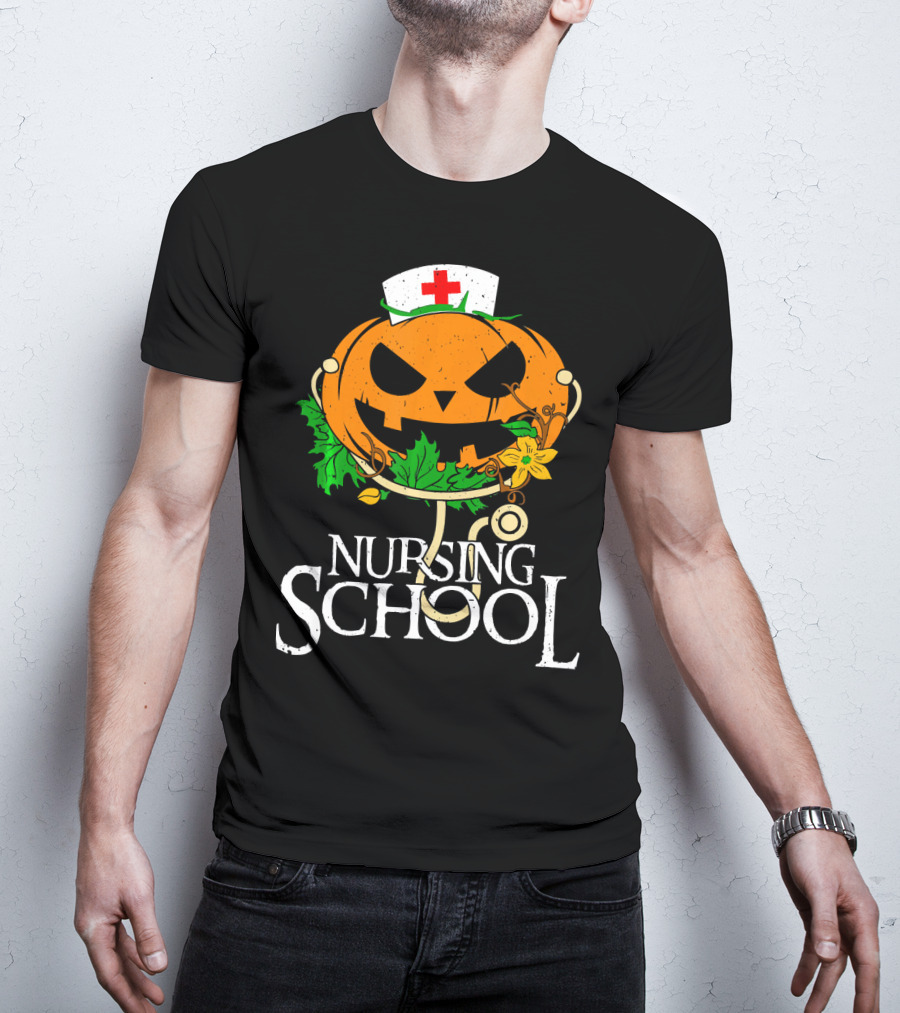 Nursing School Pumpkin With Stethoscope And Nurse Hat Jack-o'-Lantern T-Shirt