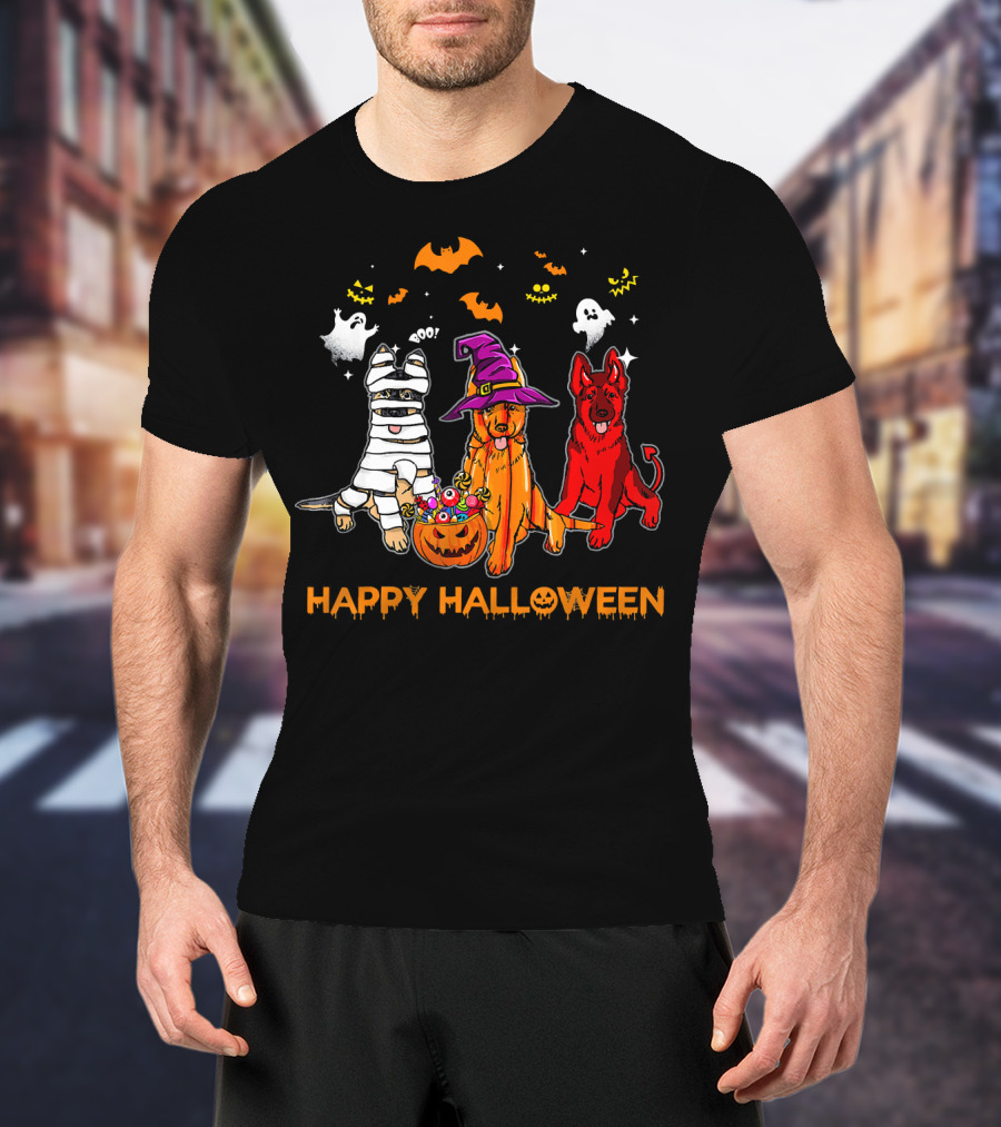 Happy Halloween Mummy Witch Devil Dogs With Ghosts And Bats T-Shirt