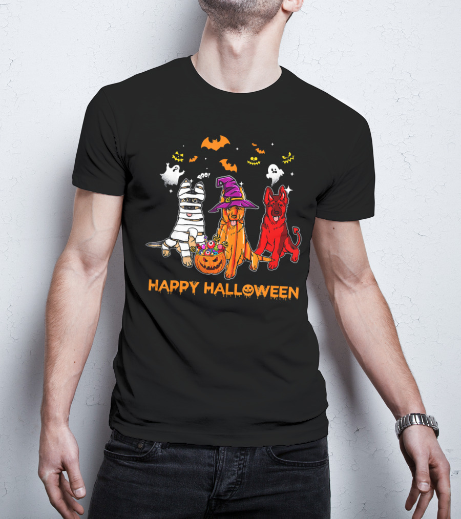 Happy Halloween Mummy Witch Devil Dogs With Ghosts And Bats T-Shirt