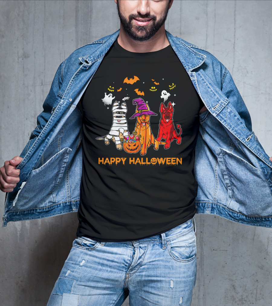 Happy Halloween Mummy Witch Devil Dogs With Ghosts And Bats T-Shirt