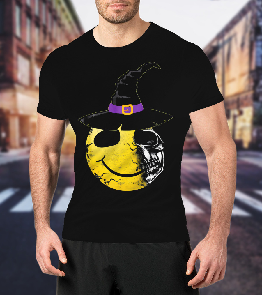 Halloween Witch Hat Smiley Half Skull Face T-Shirt