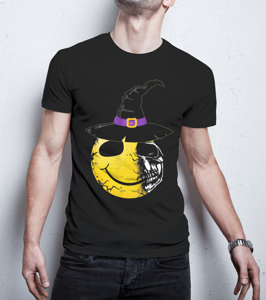 Halloween Witch Hat Smiley Half Skull Face T-Shirt