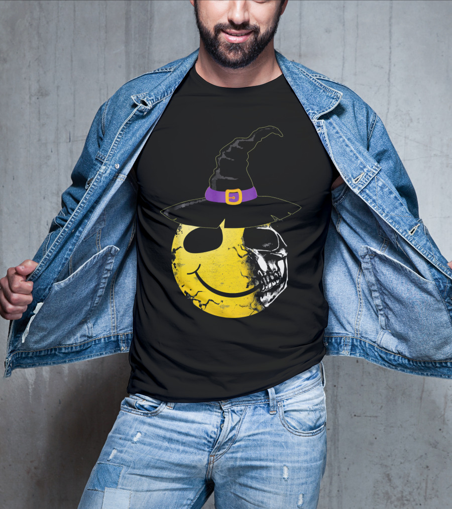 Halloween Witch Hat Smiley Half Skull Face T-Shirt