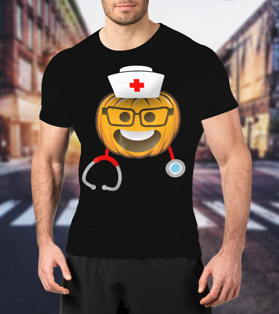 Nurse Halloween Pumpkin Emoji With Nerd Glasses And Stethoscope T-Shirt