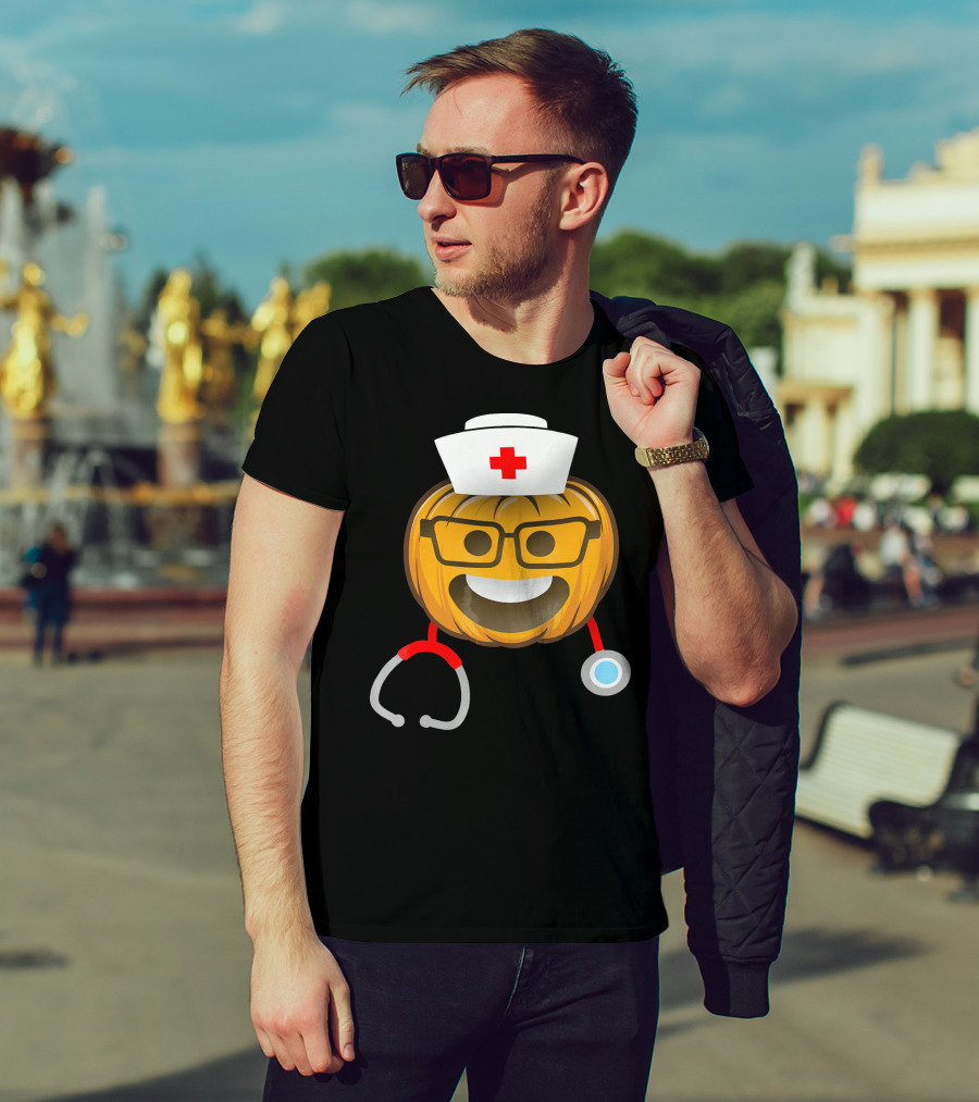Nurse Halloween Pumpkin Emoji With Nerd Glasses And Stethoscope T-Shirt