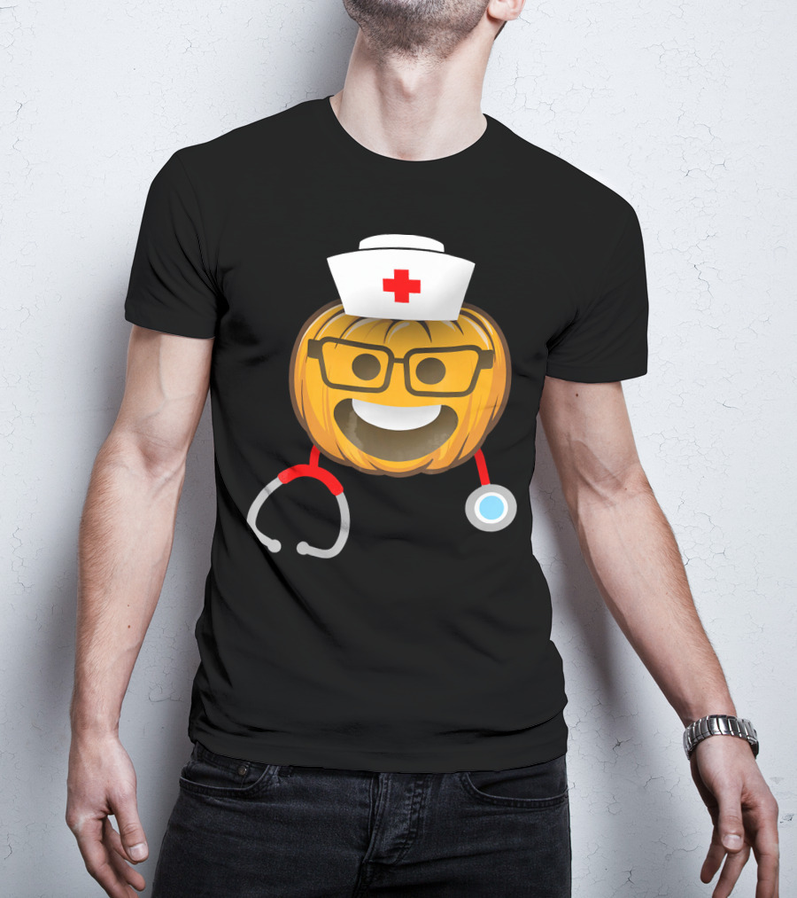 Nurse Halloween Pumpkin Emoji With Nerd Glasses And Stethoscope T-Shirt