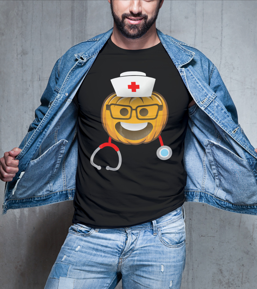 Nurse Halloween Pumpkin Emoji With Nerd Glasses And Stethoscope T-Shirt