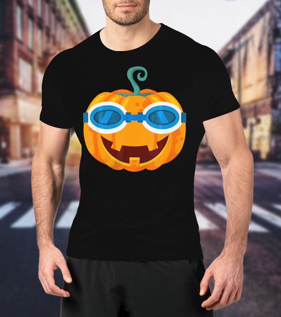 Swimming Pumpkin With Goggles Funny Halloween T-Shirt