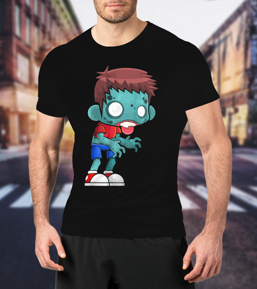 Zombie Boy Cartoon Character With Red Shirt And Blue Shorts T-Shirt