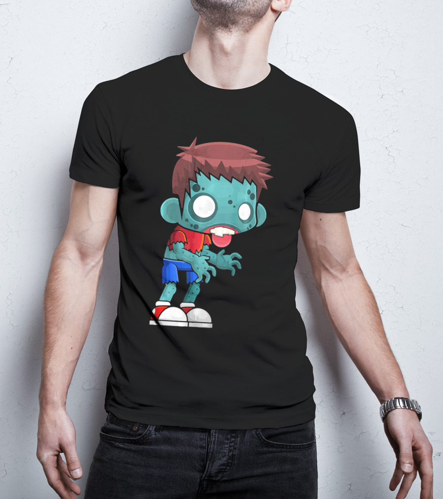 Zombie Boy Cartoon Character With Red Shirt And Blue Shorts T-Shirt