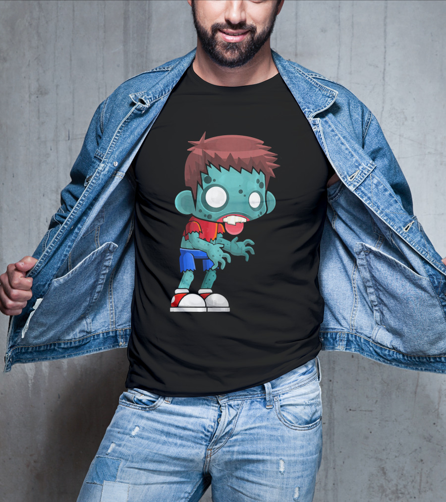 Zombie Boy Cartoon Character With Red Shirt And Blue Shorts T-Shirt