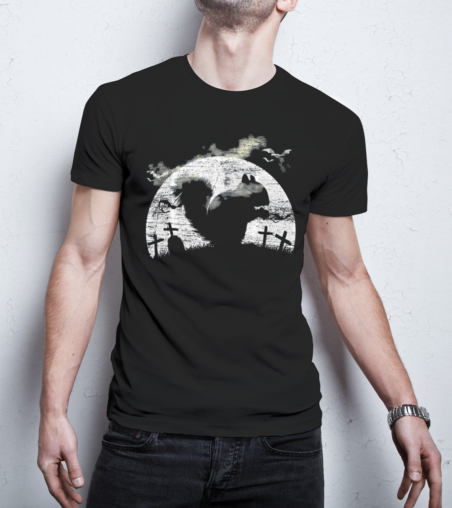 Halloween Squirrel Graveyard Silhouette With Full Moon And Bats T-Shirt