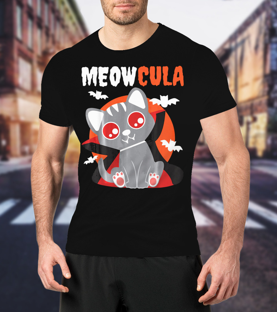 MEOWCULA Vampire Cat Halloween Dracula Bats T-Shirt