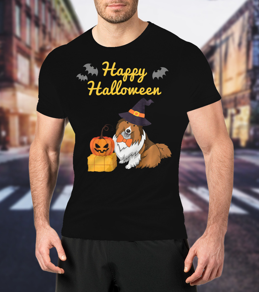 Happy Halloween Cute Sheltie With Witch Hat Pumpkins And Bats T-Shirt