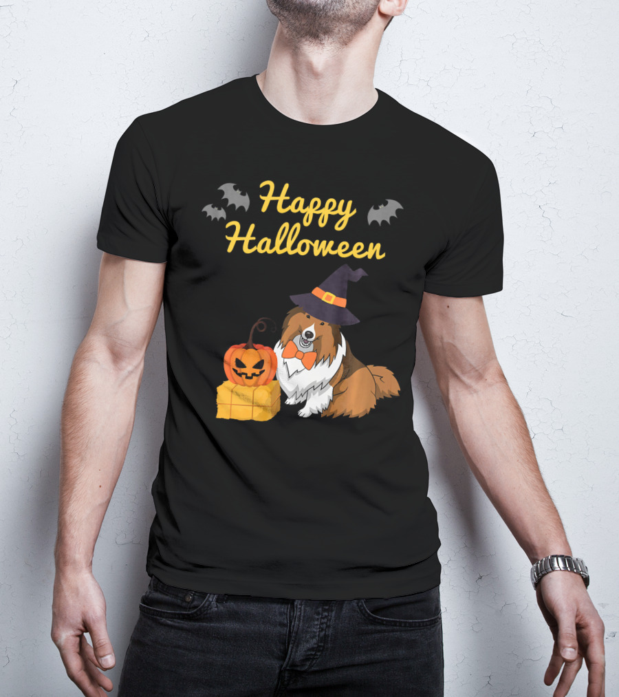 Happy Halloween Cute Sheltie With Witch Hat Pumpkins And Bats T-Shirt