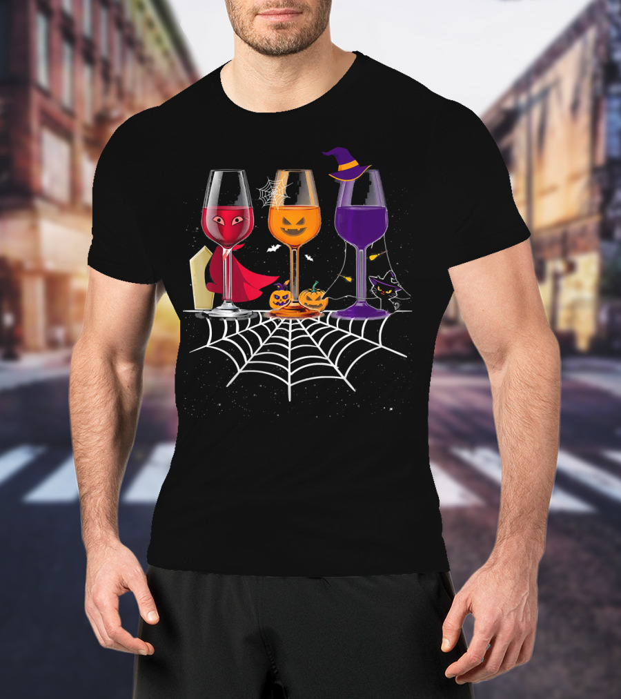 Halloween Wine Glasses Witch Vampire Pumpkin Cat Spiderweb T-Shirt