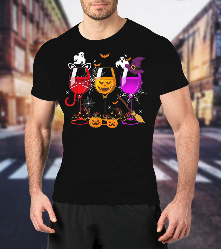 Halloween Ghost Cat Witch Pumpkin Three Glasses Of Wine T-Shirt