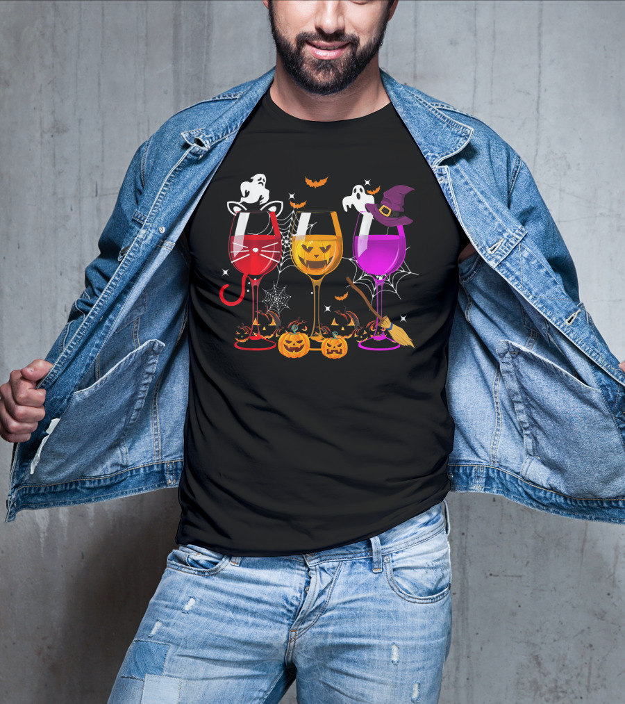Halloween Ghost Cat Witch Pumpkin Three Glasses Of Wine T-Shirt