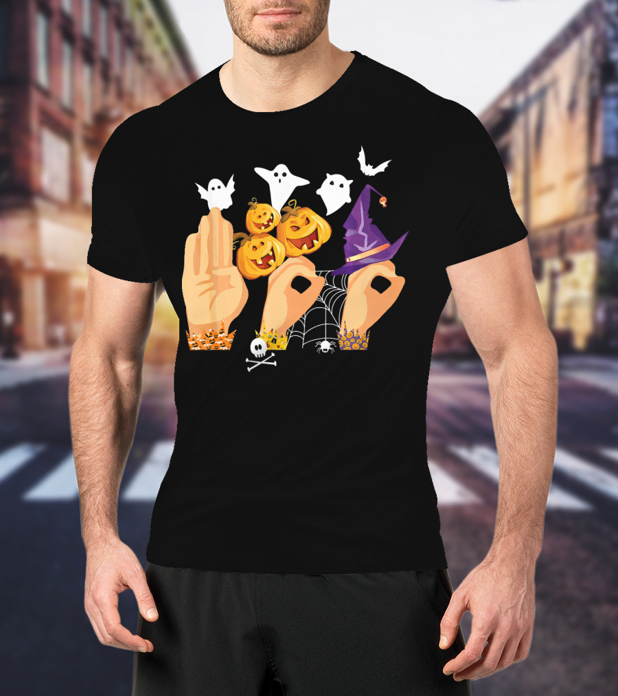 ASL Boo Sign Language Ghosts Pumpkins Witch Hat Halloween T-Shirt