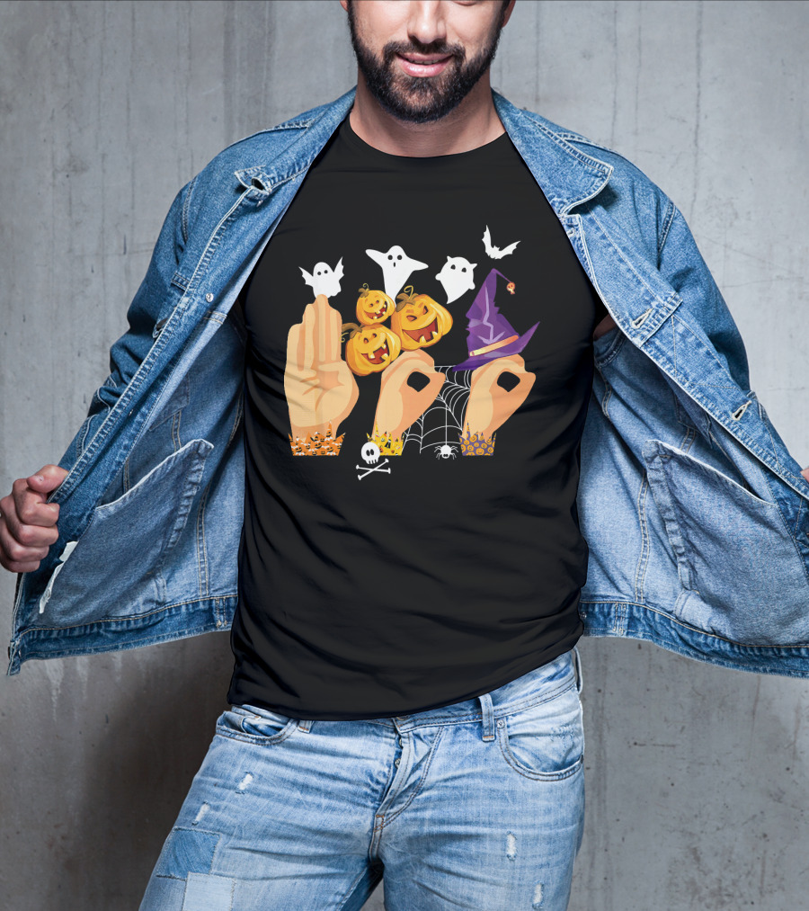 ASL Boo Sign Language Ghosts Pumpkins Witch Hat Halloween T-Shirt