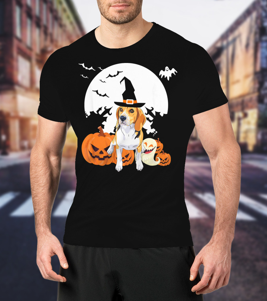 Happy Halloween Witch Beagle With Pumpkins And Ghosts T-Shirt