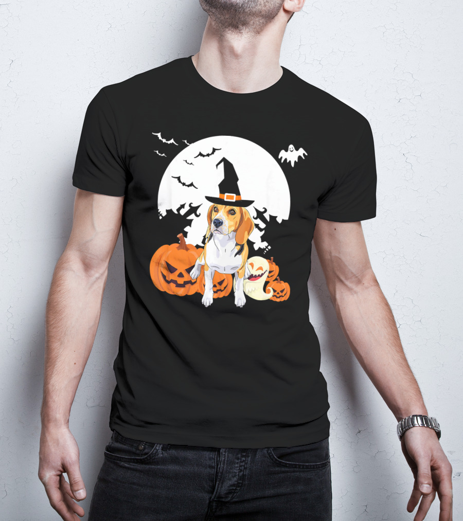 Happy Halloween Witch Beagle With Pumpkins And Ghosts T-Shirt
