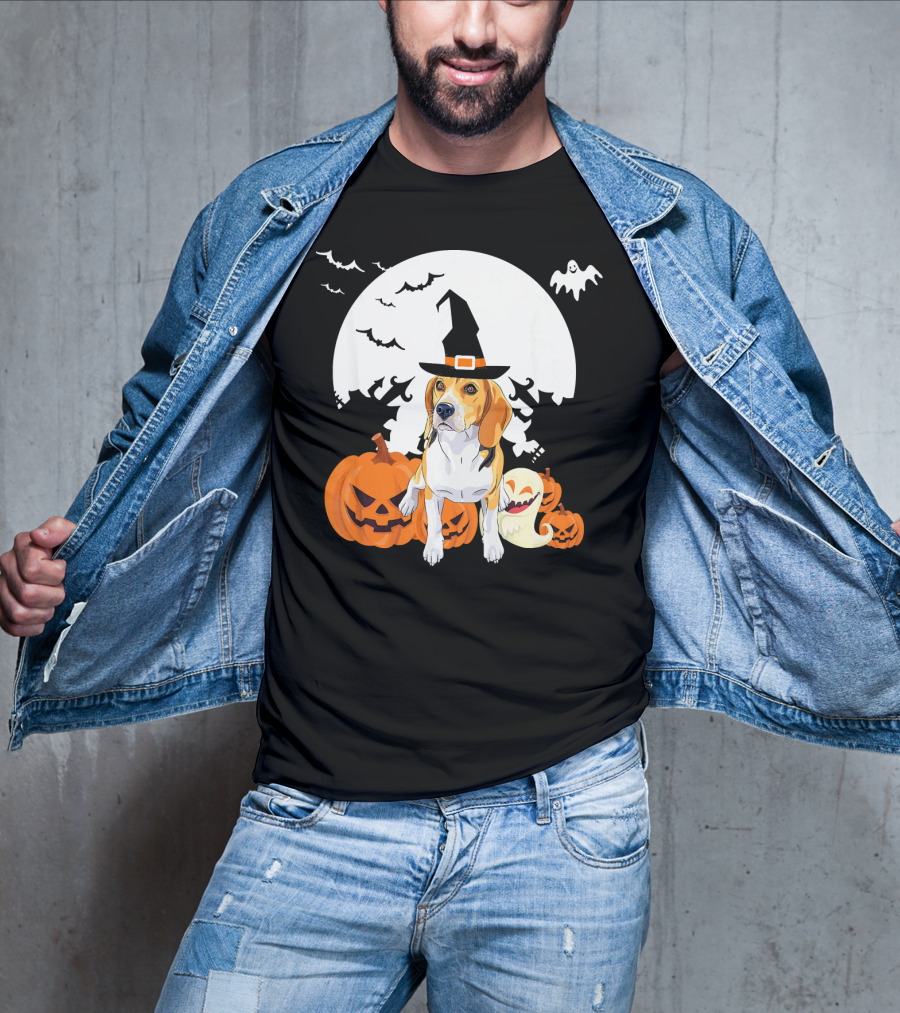 Happy Halloween Witch Beagle With Pumpkins And Ghosts T-Shirt