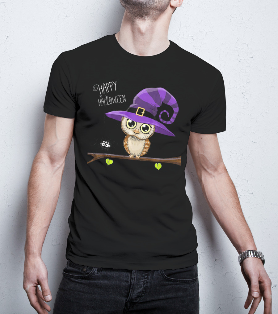 Happy Halloween Owl In Purple Witch Hat With Spider On Branch T-Shirt