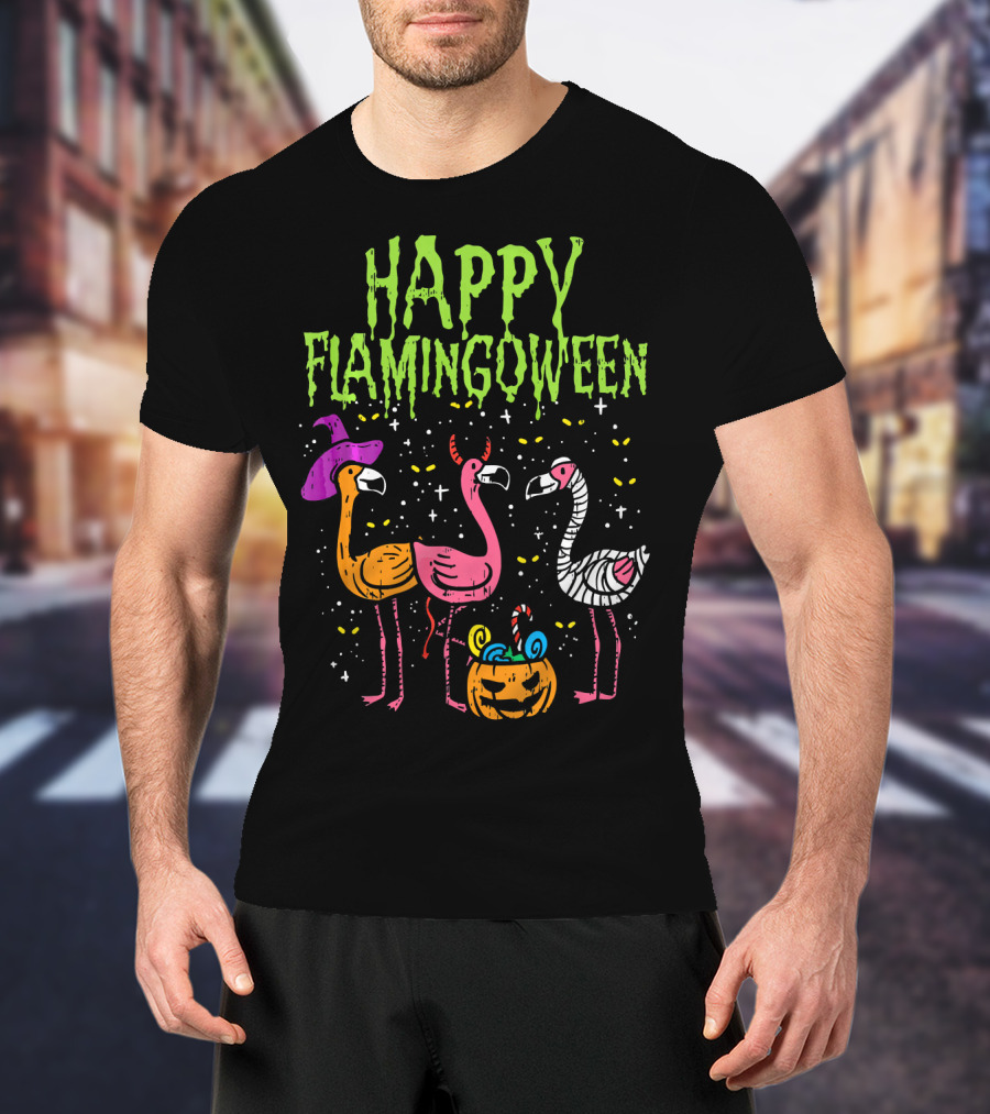 Happy Flamingoween Witch, Devil, Mummy Flamingo Halloween Pumpkin Candy T-Shirt