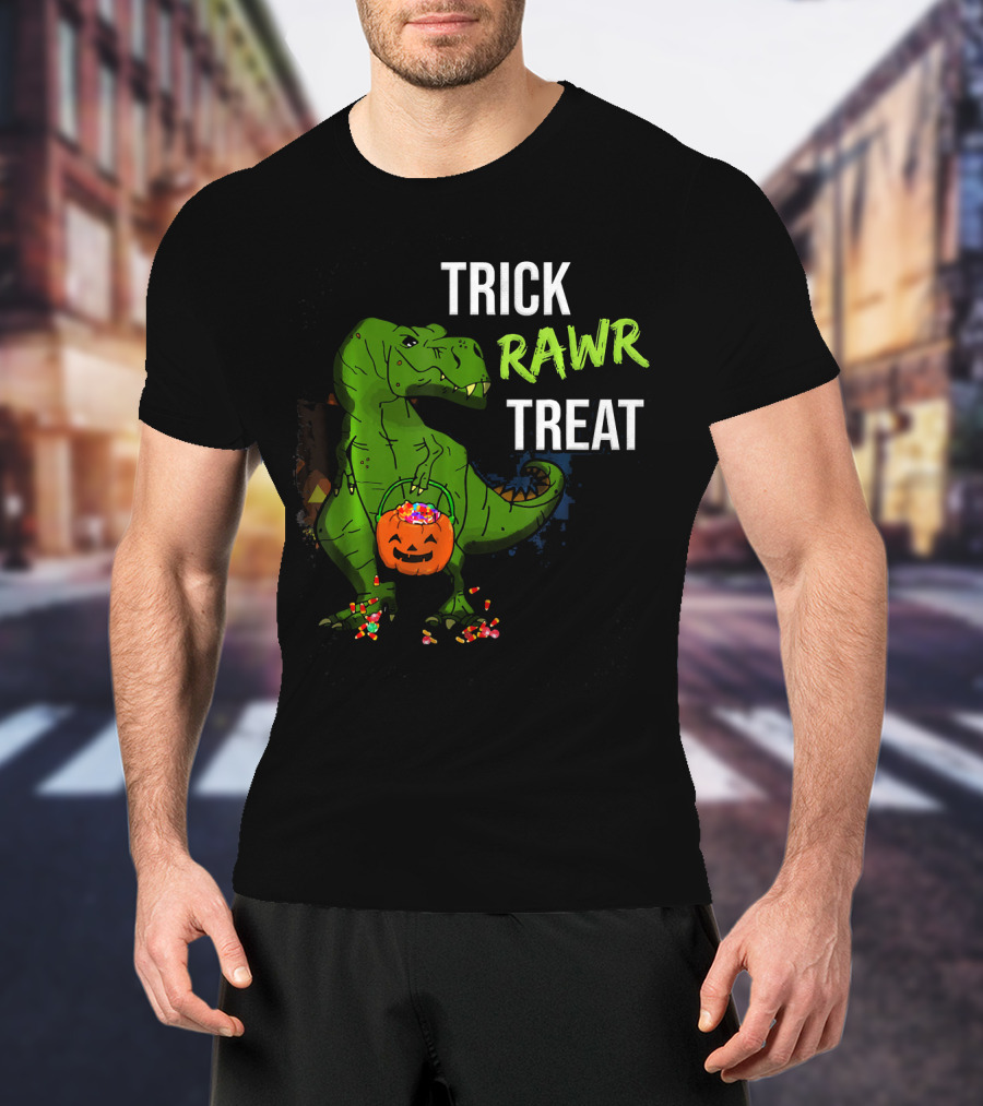 Trick Rawr Treat Halloween Rex Dinosaur With Candy And Pumpkin T-Shirt