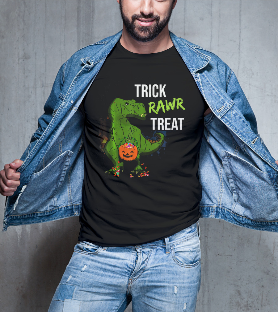 Trick Rawr Treat Halloween Rex Dinosaur With Candy And Pumpkin T-Shirt